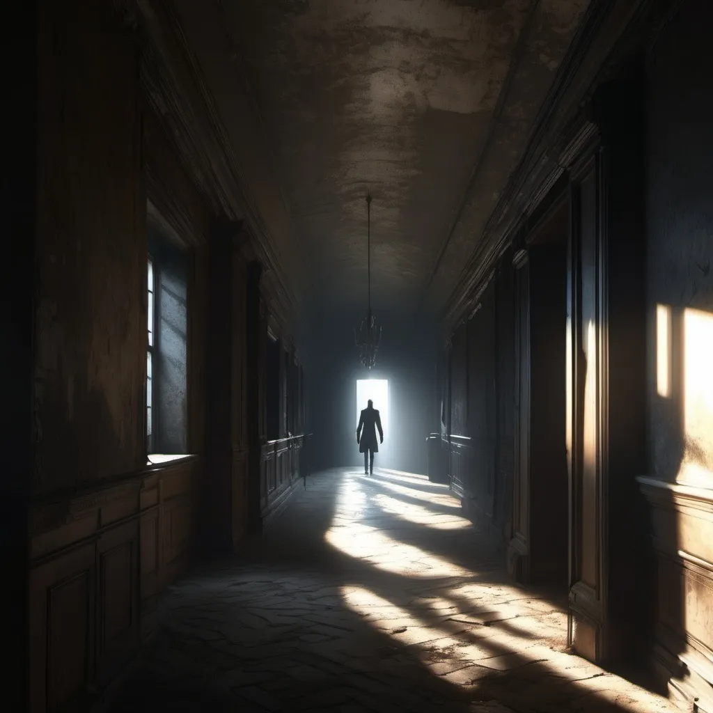 Prompt: Full long shot of a terrifying corridor in an abandoned 16th century manor, sunlight peeking through windows, a terrifying human shaped shadow standing halfway down hall, the humanoid shadow is pitch black and featureless except for a ghostly aura, 4k hyper realism