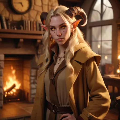 Prompt: Medium shot, (female tiefling scout), wearing a (tan overcoat), messy appearance, (flush cheeks), (large yellow eyes), (shoulder length blonde hair), (elf ears with piercings), hourglass figure, standing in a (hunters guild study) next to a (cozy fireplace), (hyper realism fantasy), (intricately detailed background), soft flickering light from the fireplace, warm ambiance, (4K), ultra-detailed.