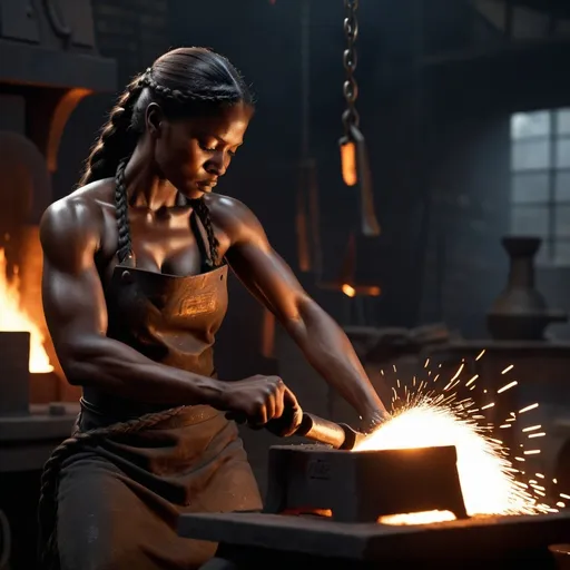 Prompt: Medium shot of a (female blacksmith), striking hot metal with a hammer onto anvil, powerful and beautiful with a muscular build, dark brown skin, (long braided hair) cascading down, set in a (dark, smoky interior) of an iron forge, (kiln glowing in the background), a somber atmosphere enveloping the scene, (4K, photorealistic), highly detailed textures, glimmers of metal sparkle, intricate shadows, and dynamic lighting captured dramatically.