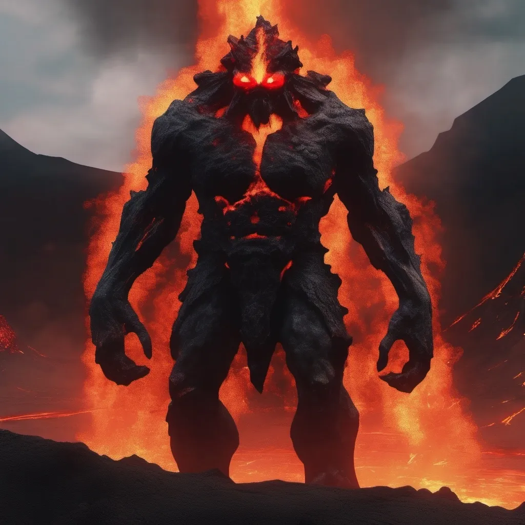 Prompt: God of Wisdom and fire, its form is that of a rock golem that has an upper torso and head completely shrouded in black flames, very broad shoulders that slope into head, somber and ethereal in appearance, bright red eyes, hyper realism, 4k, full body long shot, volcano in the background, standing on scorched earth