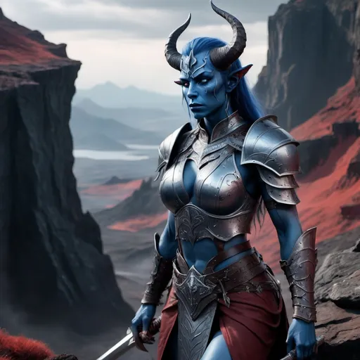 Prompt: Medium shot of (very muscular tiefling woman), blue skin, holding a (longsword), wearing (platemail armor), gazing thoughtfully over a dramatic cliffside, vast volcanic field sprawling below, rich textures and intricate details, (hyper-realism), moody atmosphere, ethereal lighting enhancing the high fantasy theme, breathtaking vistas in the background, (4K quality), creating a striking and powerful visual impact.