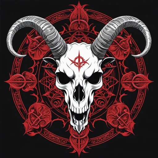 Prompt: Design cover album, Satanic goat skull, symmetrical, with devil from hell, digital art