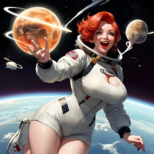 Prompt: A retro pinup redheaded large breasted woman floating in space laughing in a spacesuit