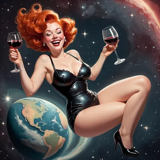 Prompt: A retro redheaded big breasted hairy pinup floating in space laughing with legs spread and holding a full wine glass 