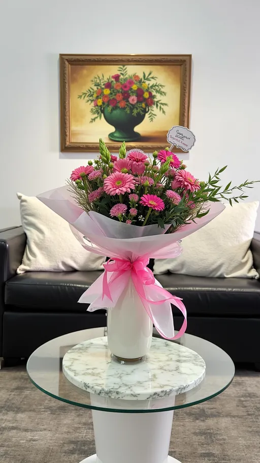 Prompt: A beautifully arranged bouquet of pink flowers captures attention, nestled in a sleek white vase adorned with a delicate pink ribbon. The vibrant blossoms, including pink gerberas and roses, are complemented by hints of greenery and filler flowers, adding texture and charm. This floral centerpiece sits atop a modern glass table, with the muted tones of a dark leather sofa and a luxurious white cushion providing a cozy backdrop. In the background, a painting of a lush floral arrangement in a green vase adds artistic flair to the scene, further enhancing the cheerful and inviting atmosphere of the room. The combination of soft colors and elegant presentation evokes a sense of warmth and celebration.