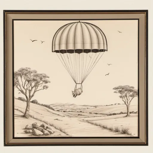 Prompt: Drawing of a wombat on a small piece of land in a rectangular frame with a parachute dropping in the background 
