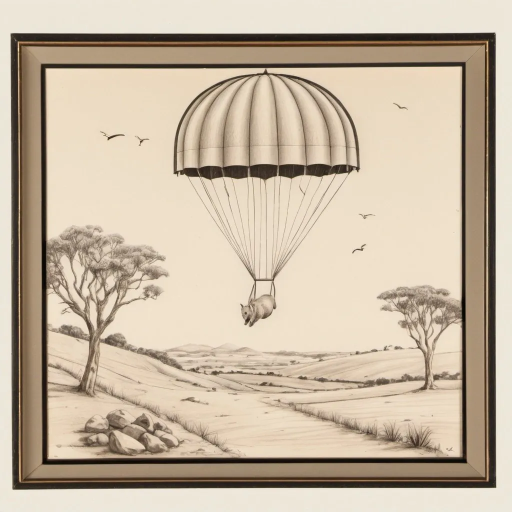 Prompt: Drawing of a wombat on a small piece of land in a rectangular frame with a parachute dropping in the background 
