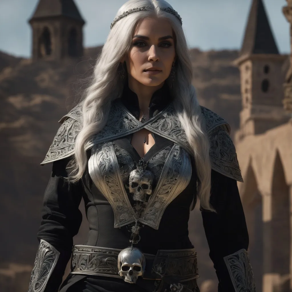 Prompt: 30 year old human female necromancer  with long silver hair and dark eyes. she should have skulls decorating a black belt, dark atmosphere, highly detailed, intricate details, symmetrical, digital 3d, hard surface, real time, vfx, trending on artstation, ultra hd, hdr, cinematic, hyper realism, high detail, octane render, 8k