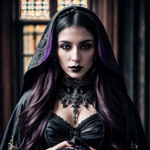 Prompt: ornate, intricate details, beautiful witch, gothic style, hyper-realistic fantasy art, digital illustration, full shot, black purple