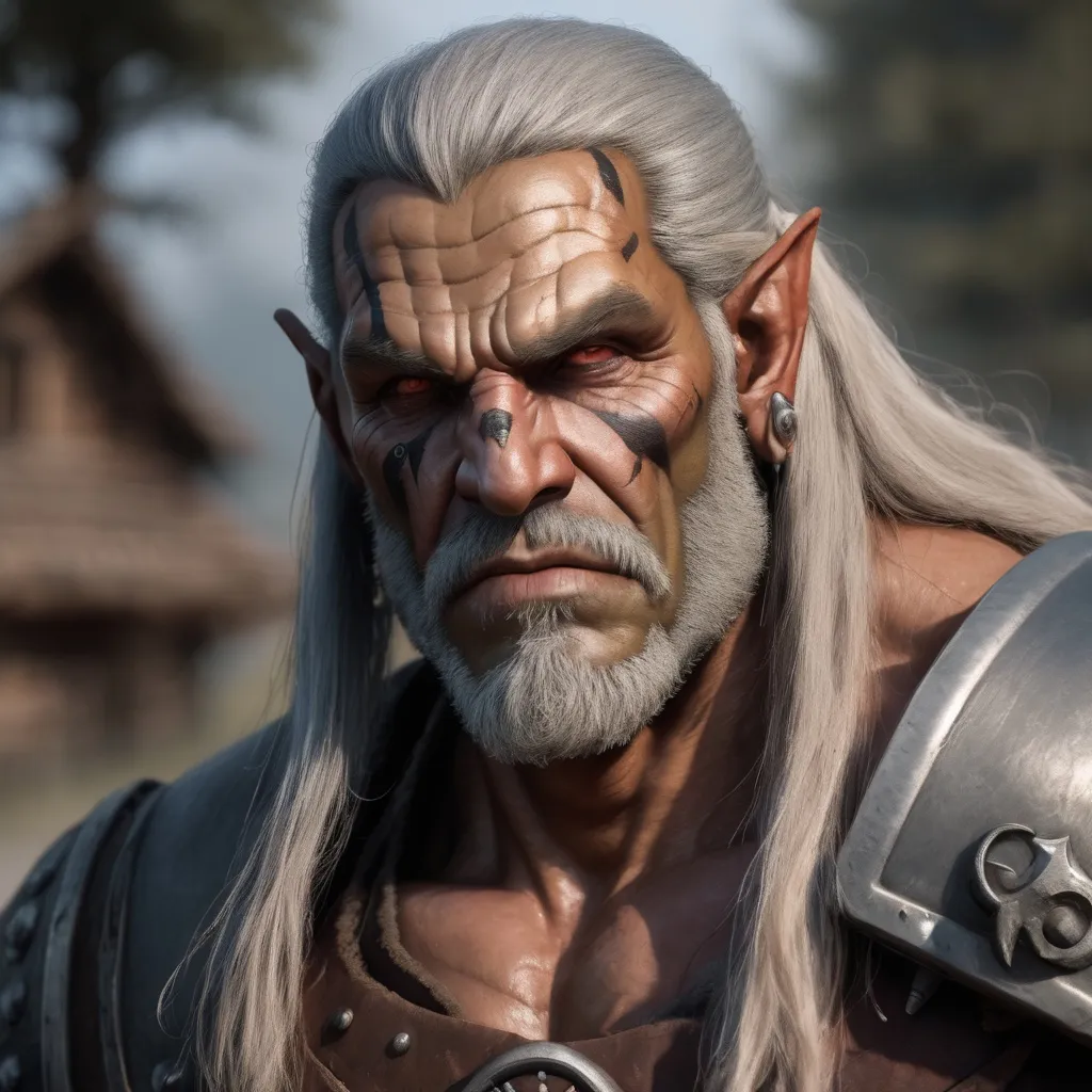 Prompt: mature half orc barbarian with long graying hair and tan skin. His face should be scarred and his armor battleworn

