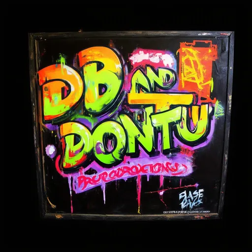 Prompt: realistic graffiti sign, bold and expressive lettering saying "db and dontu base productions", vibrant colors contrasting against a deep black background, urban street art vibe, high-detail, visually striking, expressive brushstrokes, capturing the essence of rebellious creativity, ultra-detailed, sharp edges, perfect for a creative project, showcasing individuality and artistic flair