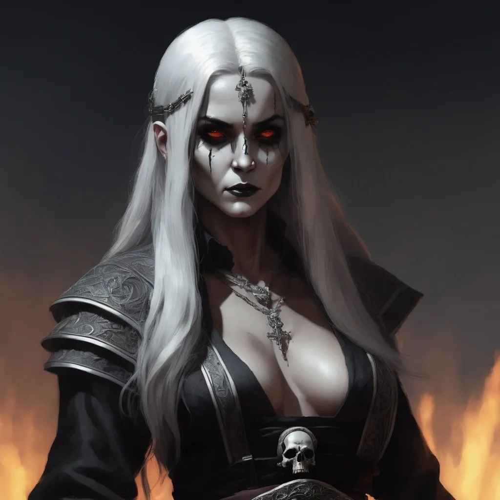 Prompt: 30 year old human female necromancer  with long silver hair and dark eyes. she should have skulls decorating a black belt

