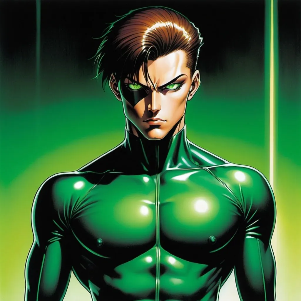 Prompt: A full body depiction of a masculine european superhero. very short bright brown slicked back pompadour undercut hair with shaved sides and light chestnut highlights, round face, broad cheeks, green glowing eyes, wearing a black retro futuristic spandex uniform and a black superhero domino eye mask covering the eyes. Ghost in the shell art. Masamune Shirow art. anime art. Leiji Matsumoto art. Akira art. Otomo art. 2d. 2d art.