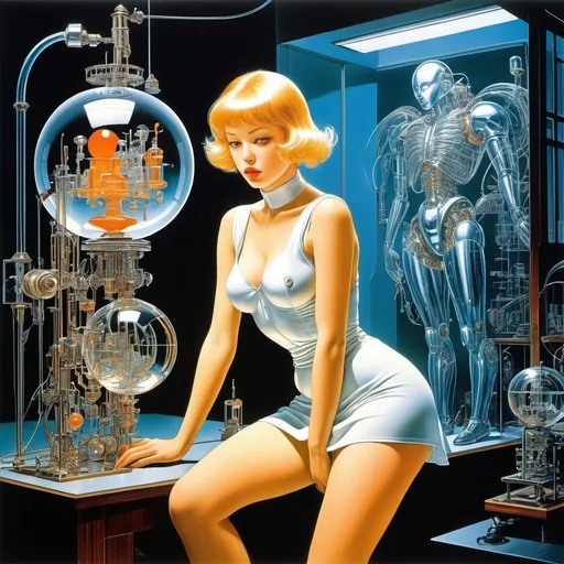 Prompt: Hans Bellmer, Virgil Finlay, Cardwell Higgins, Vaughan Bass, Tsutomu Nihei full colours, Surrealism Mysterious Weird Fantastic Fantasy Sci-fi, Japanese Anime, Assembling a glass automaton, Miniskirt beautiful girl doctor, Laboratory, Mechanical engineering, Soft glass, detailed masterpiece 