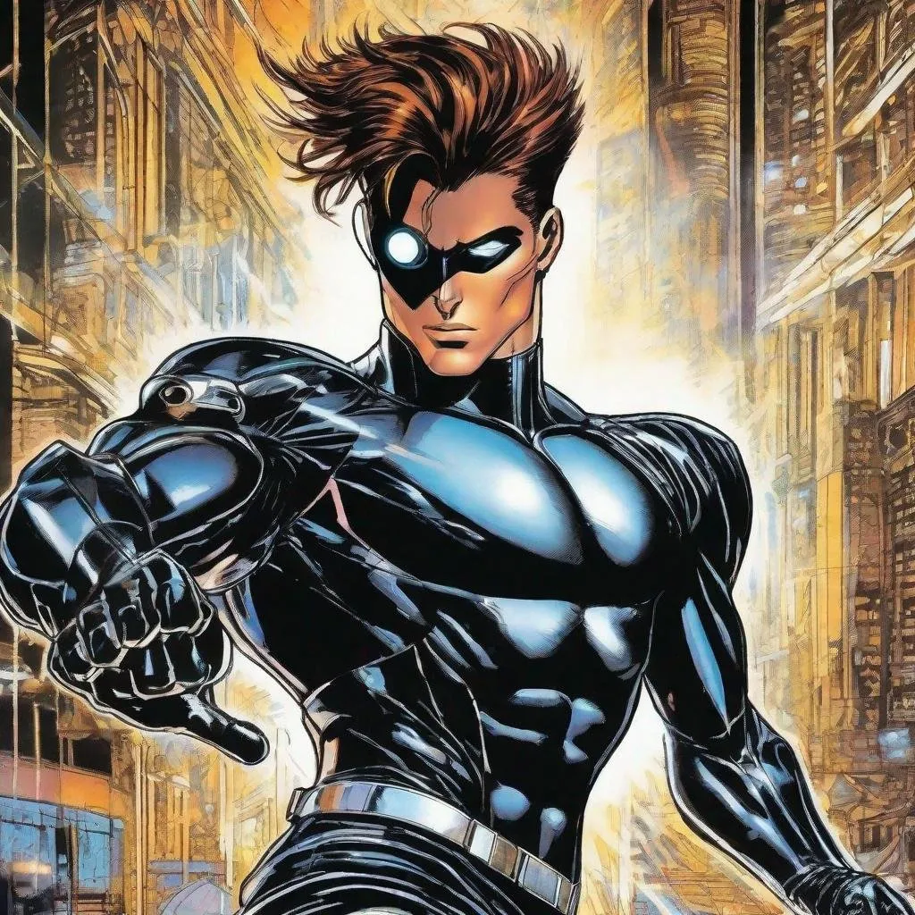 Prompt: A masculine scifi european superhero. very short bright brown slicked back pompadour undercut hair with shaved sides and light chestnut highlights, round face, broad cheeks, glowing eyes, wearing a black retro futuristic spandex uniform and a black superhero domino mask covering eyes, shooting enery beams out of his fists. Ghost in the shell art. Masamune Shirow art. anime art. Leiji Matsumoto art. Akira art. Otomo art. 2d. 2d art.