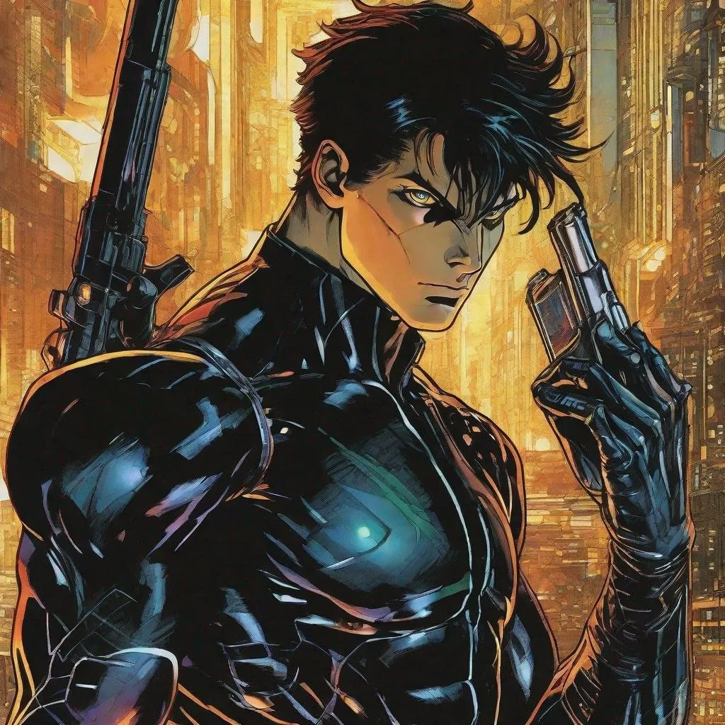 Prompt: A masculine scifi european superhero. very short bright brown slicked back pompadour undercut hair with shaved sides and light chestnut highlights, round face, broad cheeks, glowing eyes, wearing a black retro futuristic spandex uniform and a black superhero mask covering eyes, shooting enery beams out of his fists. Ghost in the shell art. Masamune Shirow art. anime art. Leiji Matsumoto art. Akira art. Otomo art. 2d. 2d art.