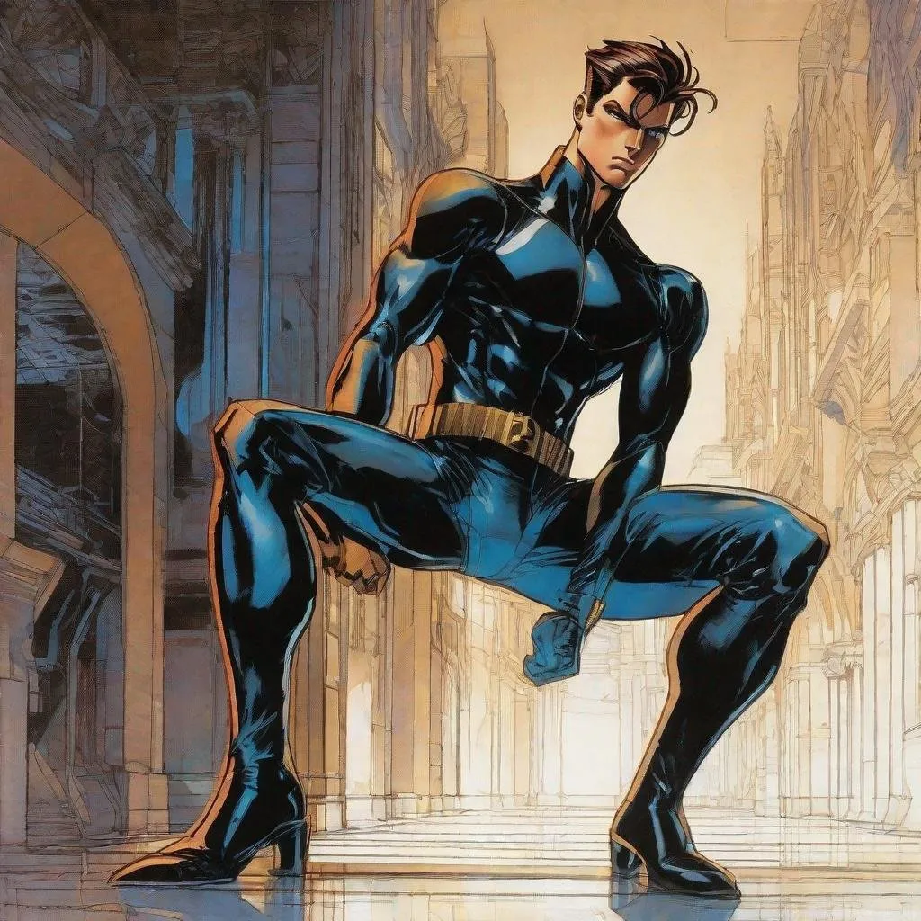 Prompt: A full body depiction of a masculine european superhero. very short bright brown slicked back pompadour undercut hair with shaved sides and light chestnut highlights, round face, broad cheeks, glowing eyes, wearing a black retro futuristic spandex uniform and a black superhero nightwing eye mask covering the eyes. Ghost in the shell art. Masamune Shirow art. anime art. Leiji Matsumoto art. Akira art. Otomo art. 2d. 2d art.