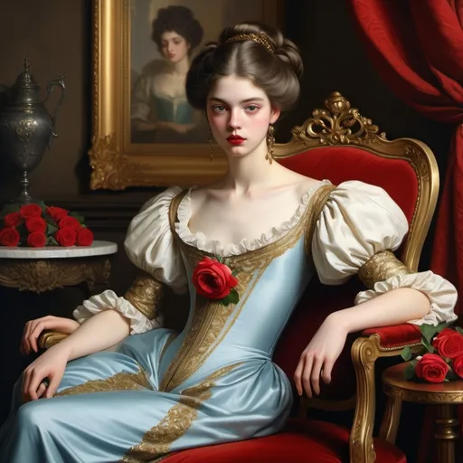 Prompt: beautiful androgynous young man Rococo-gold, gros seins, extremely Long straight brown hair, feminine body, skinny, smooth skin, narrow shoulders, wearing a woman’s dress, makeup lipstick, (high detailed) in the chair of red roses with seins of figs fruit by Jean-Léon Gérôme, from 2011 film "The three musketeers", Insanely detailed full body portrait photography of a majestic beautiful fierce, WLOP, dynamic lighting, hyperdetailed, Intricately Detailed, Photorealism, Filmic, deep color, #film, 8K resolution ethereal fantasy hyperdetailed mist Thomas Kinkade