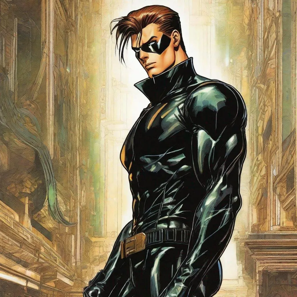 Prompt: A full body depiction of a masculine european superhero. very short bright brown slicked back pompadour undercut hair with shaved sides and light chestnut highlights, round face, broad cheeks, glowing eyes, wearing a black retro futuristic spandex uniform and a black superhero zorro eye mask covering the eyes. Ghost in the shell art. Masamune Shirow art. anime art. Leiji Matsumoto art. Akira art. Otomo art. 2d. 2d art.