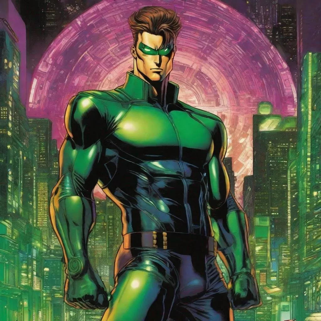 Prompt: A full body depiction of a masculine european superhero. very short bright brown slicked back pompadour undercut hair with shaved sides and light chestnut highlights, round face, broad cheeks, green glowing eyes, wearing a black retro futuristic spandex uniform and a black superhero domino eye mask covering the eyes. Ghost in the shell art. Masamune Shirow art. anime art. Leiji Matsumoto art. Akira art. Otomo art. 2d. 2d art.