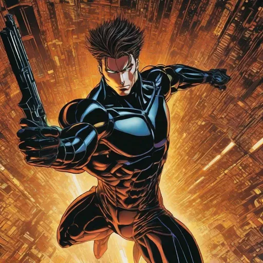 Prompt: A masculine scifi european superhero. very short bright brown slicked back pompadour undercut hair with shaved sides and light chestnut highlights, round face, broad cheeks, glowing eyes, wearing a black retro futuristic spandex uniform and a black superhero mask covering eyes, shooting enery beams out of his fists. Ghost in the shell art. Masamune Shirow art. anime art. Leiji Matsumoto art. Akira art. Otomo art. 2d. 2d art.