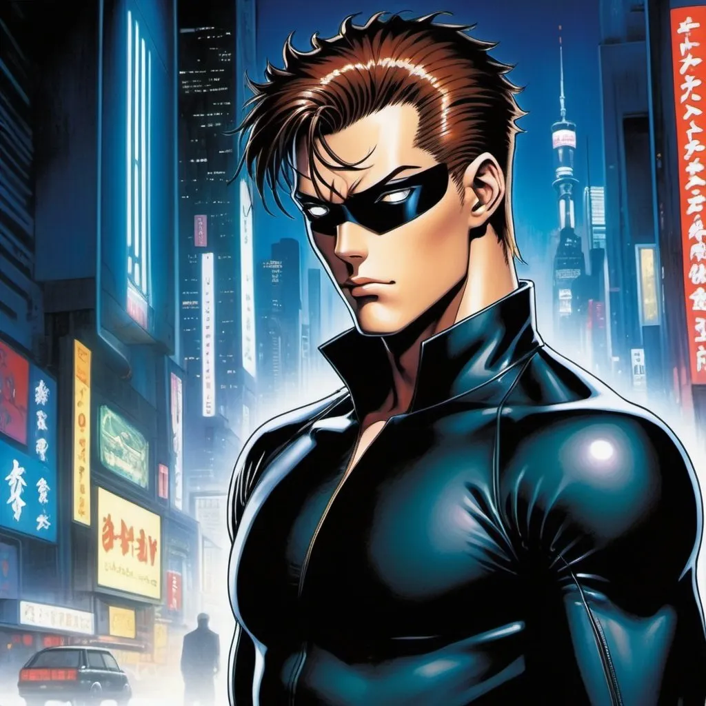 Prompt: A masculine european superhero. very short bright brown slicked back pompadour undercut hair with shaved sides and light chestnut highlights, round face, broad cheeks, glowing eyes, wearing a black retro futuristic spandex uniform and a black superhero eye mask covering. Ghost in the shell art. Masamune Shirow art. anime art. Leiji Matsumoto art. Akira art. Otomo art. 2d. 2d art.