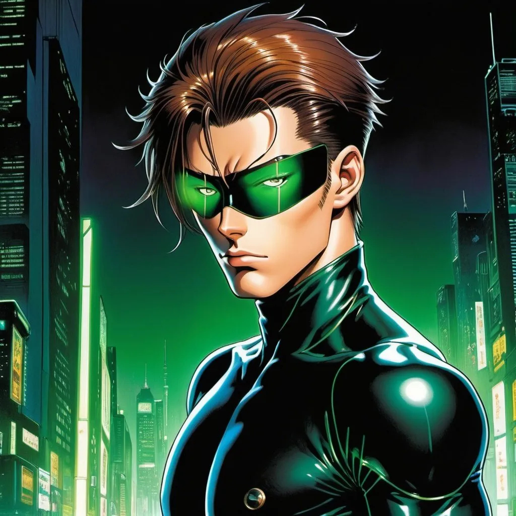 Prompt: A masculine european superhero. very short bright brown slicked back pompadour undercut hair with shaved sides and light chestnut highlights, round face, broad cheeks, green glowing eyes, wearing a black retro futuristic spandex uniform and a black superhero domino eye mask covering the eyes. Ghost in the shell art. Masamune Shirow art. anime art. Leiji Matsumoto art. Akira art. Otomo art. 2d. 2d art.