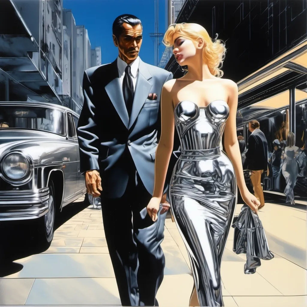 Prompt: a man gives a longing look to a beautiful woman walking past him in the style of hajime sorayama