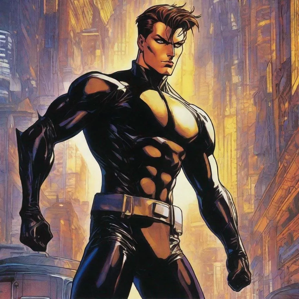 Prompt: A full body depiction of a masculine european superhero. very short bright brown slicked back pompadour undercut hair with shaved sides and light chestnut highlights, round face, broad cheeks, glowing eyes, wearing a black retro futuristic spandex uniform and a black superhero robin eye mask covering the eyes. Ghost in the shell art. Masamune Shirow art. anime art. Leiji Matsumoto art. Akira art. Otomo art. 2d. 2d art.