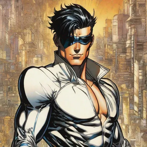 Prompt: A masculine european superhero. very short bright brown slicked back pompadour undercut hair with shaved sides and light chestnut highlights, round face, broad cheeks, glowing eyes, wearing a black retro futuristic spandex uniform and a black superhero eye mask covering. Ghost in the shell art. Masamune Shirow art. anime art. Leiji Matsumoto art. Akira art. Otomo art. 2d. 2d art.