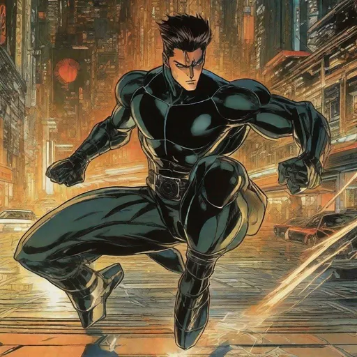 Prompt: A masculine european superhero. very short bright brown slicked back pompadour undercut hair with shaved sides and light chestnut highlights, round face, broad cheeks, glowing eyes, wearing a black retro futuristic spandex uniform and a black superhero mask covering eyes, performing karate moves. Ghost in the shell art. Masamune Shirow art. anime art. Leiji Matsumoto art. Akira art. Otomo art. 2d. 2d art.