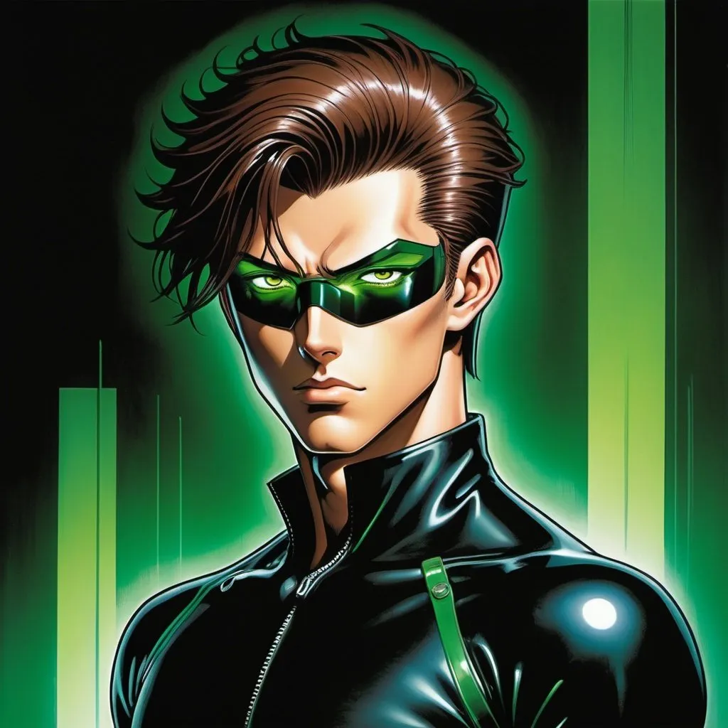 Prompt: A masculine european superhero. very short bright brown slicked back pompadour undercut hair with shaved sides and light chestnut highlights, round face, broad cheeks, green glowing eyes, wearing a black retro futuristic spandex uniform and a black superhero domino eye mask covering the eyes. Ghost in the shell art. Masamune Shirow art. anime art. Leiji Matsumoto art. Akira art. Otomo art. 2d. 2d art.