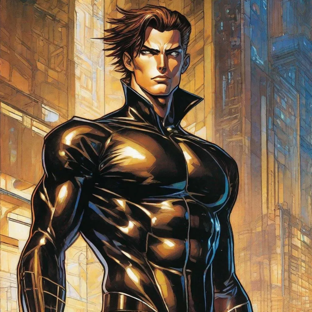 Prompt: A full body depiction of a masculine european superhero. very short bright brown slicked back pompadour undercut hair with shaved sides and light chestnut highlights, round face, broad cheeks, glowing eyes, wearing a black retro futuristic spandex uniform and a black superhero domino eye mask covering the eyes. Ghost in the shell art. Masamune Shirow art. anime art. Leiji Matsumoto art. Akira art. Otomo art. 2d. 2d art.