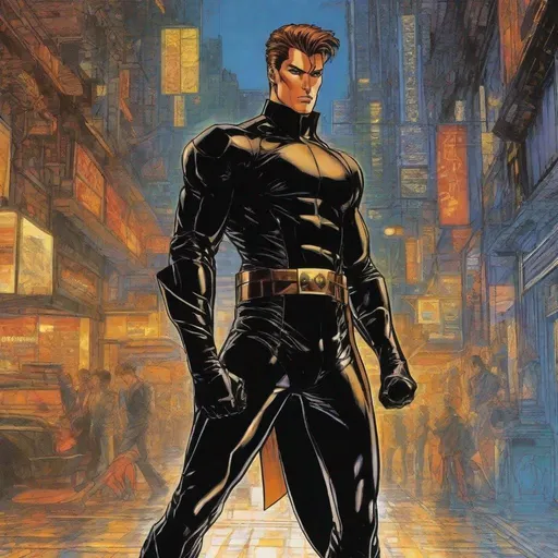 Prompt: A full body depiction of a masculine european superhero. very short bright brown slicked back pompadour undercut hair with shaved sides and light chestnut highlights, round face, broad cheeks, glowing eyes, wearing a black retro futuristic spandex uniform and a black superhero zorro eye mask covering the eyes. Ghost in the shell art. Masamune Shirow art. anime art. Leiji Matsumoto art. Akira art. Otomo art. 2d. 2d art.