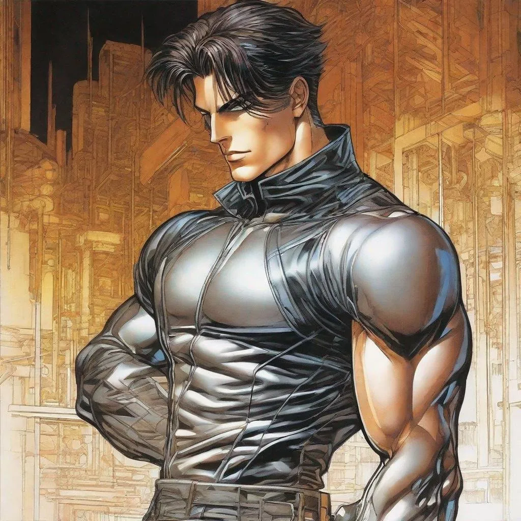 Prompt: A full body depiction of a masculine european superhero. very short bright brown slicked back pompadour undercut hair with shaved sides and light chestnut highlights, round face, broad cheeks, glowing eyes, wearing a black retro futuristic spandex uniform and a black superhero domino eye mask covering the eyes. Ghost in the shell art. Masamune Shirow art. anime art. Leiji Matsumoto art. Akira art. Otomo art. 2d. 2d art.