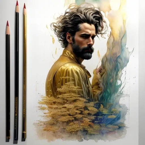 Prompt: Lovely man with long hair, Art style by Monet, Conrad roset, Klimt, Erik Johansson, Michael hussar. Water Color, Pencil Sketch, Muted Colours, crispy, golden ratio, High quality, highly detailed, intricate details. beautiful, high definition, wet on wet watercolor, volumetric lighting