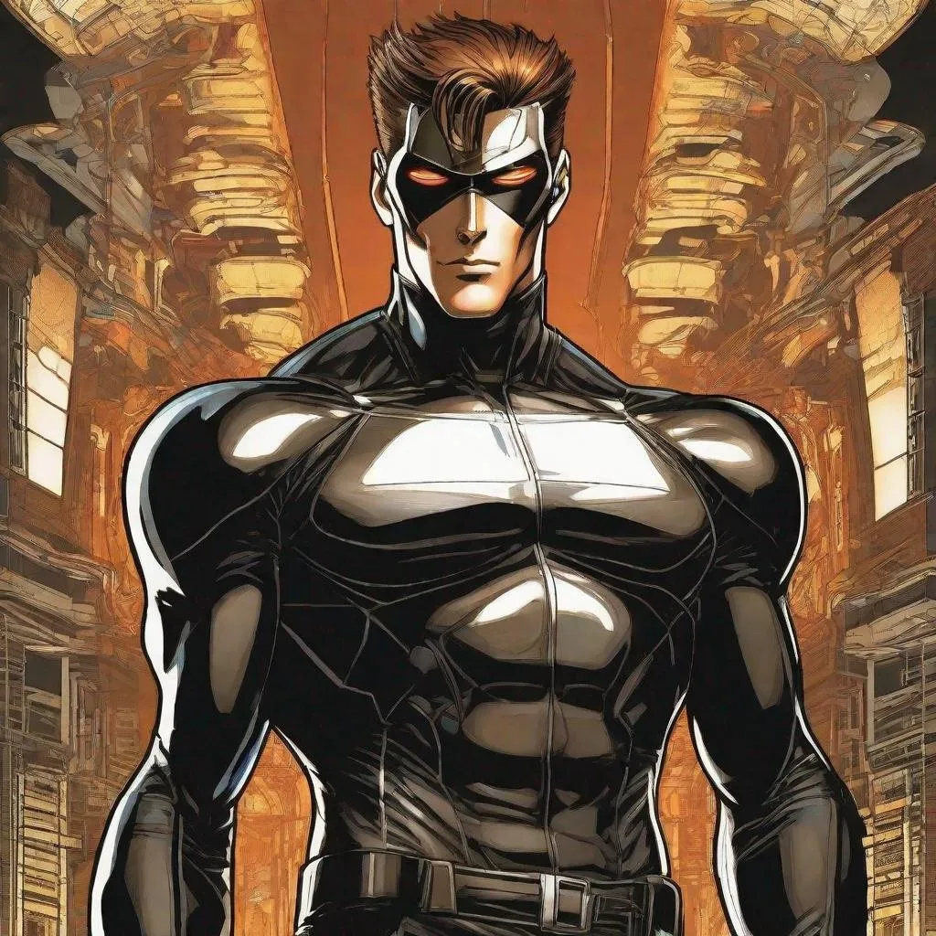 Prompt: A full body depiction of a masculine european superhero. very short bright brown slicked back pompadour undercut hair with shaved sides and light chestnut highlights, round face, broad cheeks, glowing eyes, wearing a black retro futuristic spandex uniform and a black superhero domino eye mask covering the eyes. Ghost in the shell art. Masamune Shirow art. anime art. Leiji Matsumoto art. Akira art. Otomo art. 2d. 2d art.