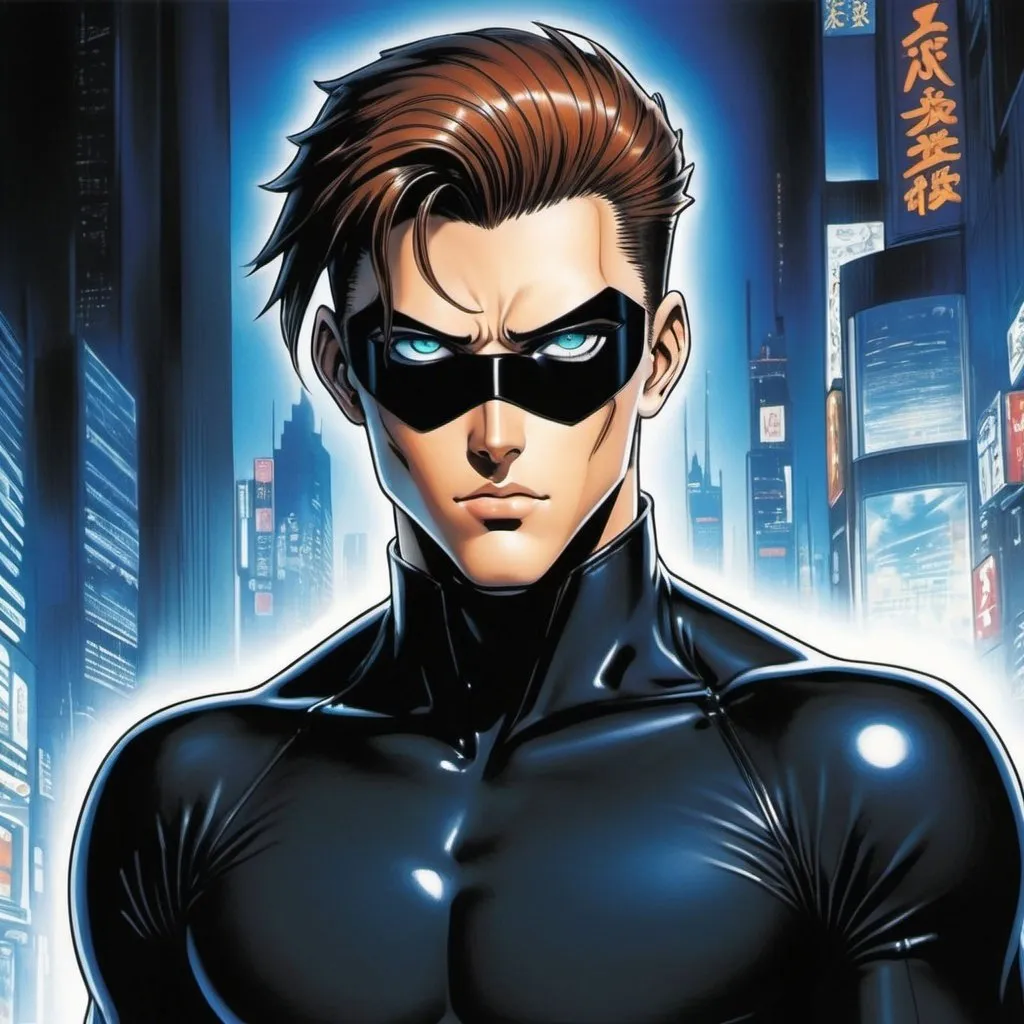 Prompt: A masculine european superhero. very short bright brown slicked back pompadour undercut hair with shaved sides and light chestnut highlights, round face, broad cheeks, glowing eyes, wearing a black retro futuristic spandex uniform and a black superhero eye mask covering. Ghost in the shell art. Masamune Shirow art. anime art. Leiji Matsumoto art. Akira art. Otomo art. 2d. 2d art.