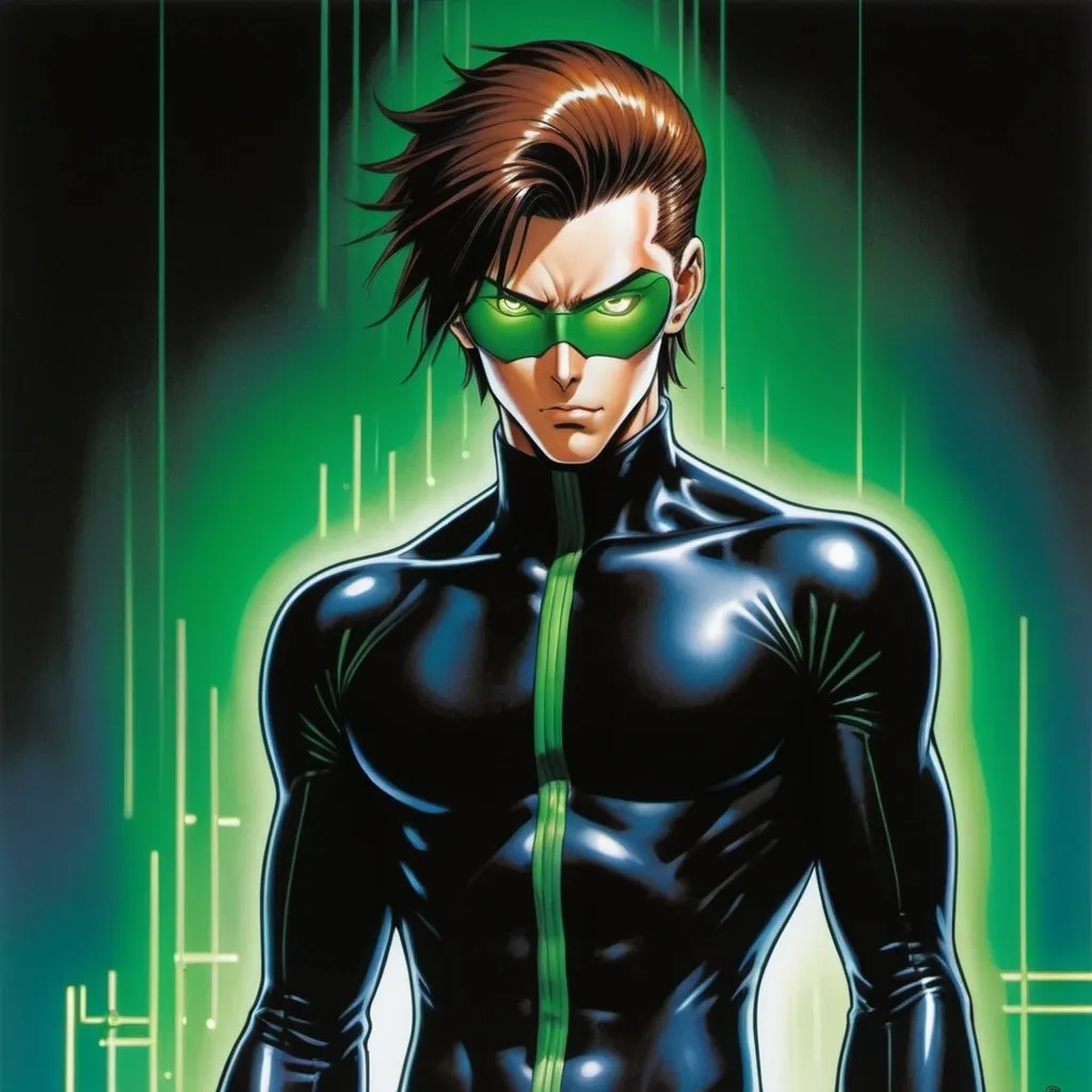 Prompt: A full body depiction of a masculine european superhero. very short bright brown slicked back pompadour undercut hair with shaved sides and light chestnut highlights, round face, broad cheeks, green glowing eyes, wearing a black retro futuristic spandex uniform and a black superhero domino eye mask covering the eyes. Ghost in the shell art. Masamune Shirow art. anime art. Leiji Matsumoto art. Akira art. Otomo art. 2d. 2d art.