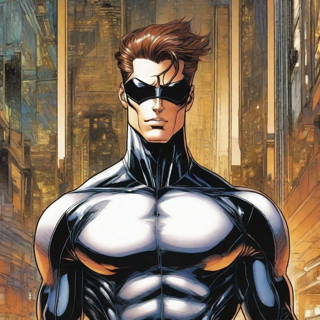 Prompt: A full body depiction of a masculine european superhero. very short bright brown slicked back pompadour undercut hair with shaved sides and light chestnut highlights, round face, broad cheeks, glowing eyes, wearing a black retro futuristic spandex uniform and a black superhero nightwing eye mask covering the eyes. Ghost in the shell art. Masamune Shirow art. anime art. Leiji Matsumoto art. Akira art. Otomo art. 2d. 2d art.