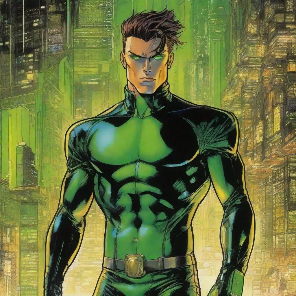 Prompt: A full body depiction of a masculine european superhero. very short bright brown slicked back pompadour undercut hair with shaved sides and light chestnut highlights, round face, broad cheeks, green glowing eyes, wearing a black retro futuristic spandex uniform and a black superhero domino eye mask covering the eyes. Ghost in the shell art. Masamune Shirow art. anime art. Leiji Matsumoto art. Akira art. Otomo art. 2d. 2d art.