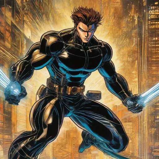 Prompt: A masculine scifi european superhero. very short bright brown slicked back pompadour undercut hair with shaved sides and light chestnut highlights, round face, broad cheeks, glowing eyes, wearing a black retro futuristic spandex uniform and a black superhero mask covering eyes, shooting enery beams out of his fists. Ghost in the shell art. Masamune Shirow art. anime art. Leiji Matsumoto art. Akira art. Otomo art. 2d. 2d art.