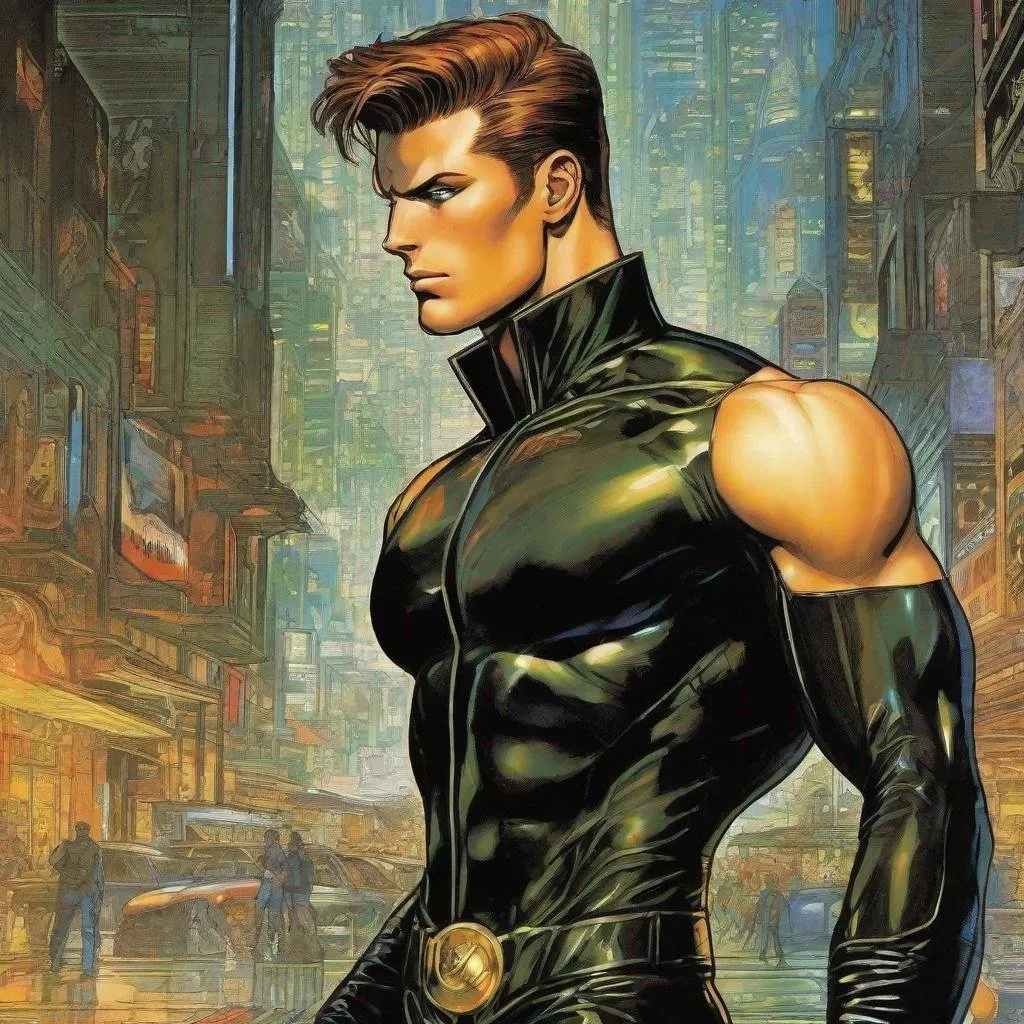 Prompt: A full body depiction of a masculine european superhero. very short bright brown slicked back pompadour undercut hair with shaved sides and light chestnut highlights, round face, broad cheeks, glowing eyes, wearing a black retro futuristic spandex uniform and a black superhero robin eye mask covering the eyes. Ghost in the shell art. Masamune Shirow art. anime art. Leiji Matsumoto art. Akira art. Otomo art. 2d. 2d art.