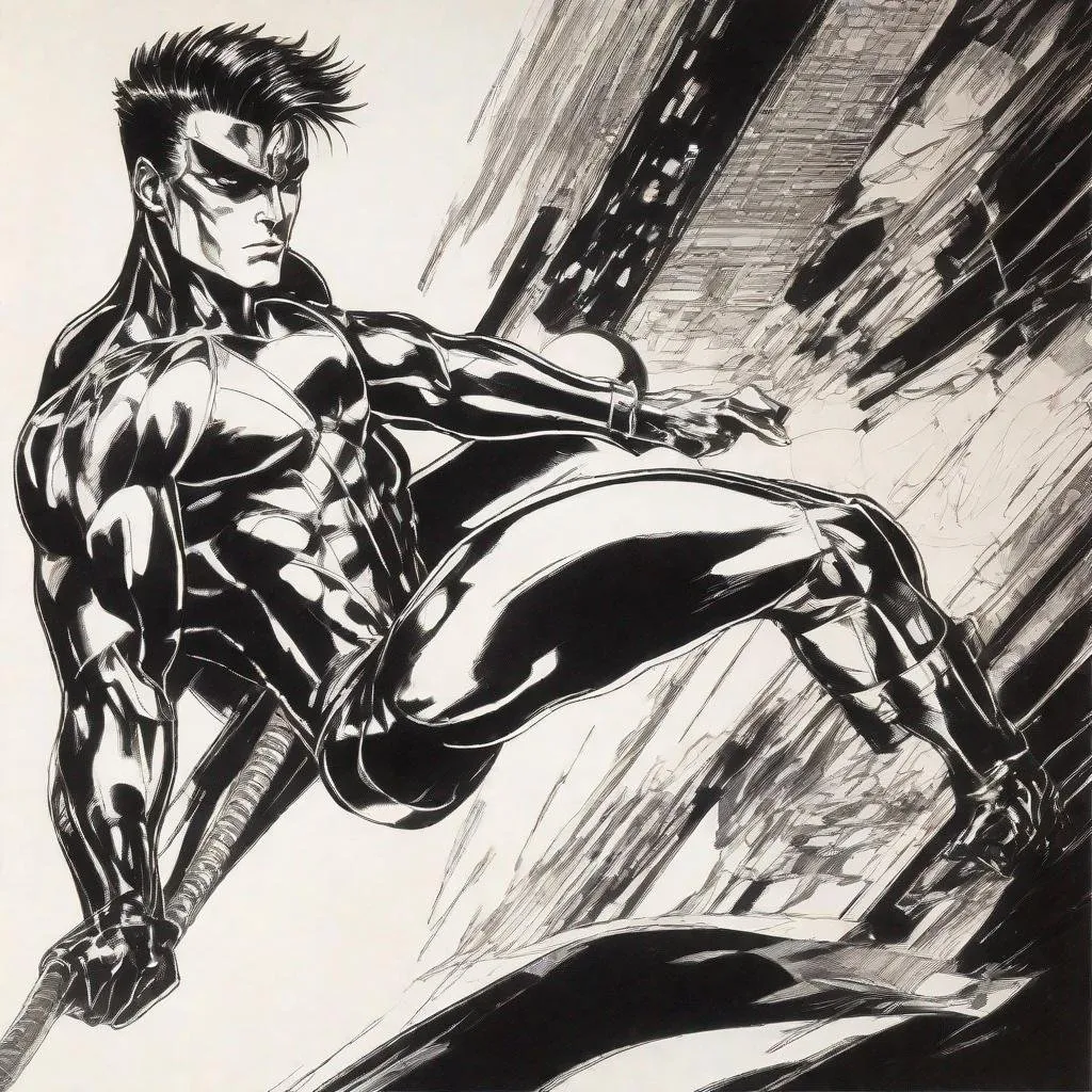 Prompt: A masculine european superhero. very short bright brown slicked back pompadour undercut hair with shaved sides and light chestnut highlights, round face, broad cheeks, glowing eyes, wearing a black retro futuristic spandex uniform and a black superhero mask covering eyes, performing karate moves. Ghost in the shell art. Masamune Shirow art. anime art. Leiji Matsumoto art. Akira art. Otomo art. 2d. 2d art.