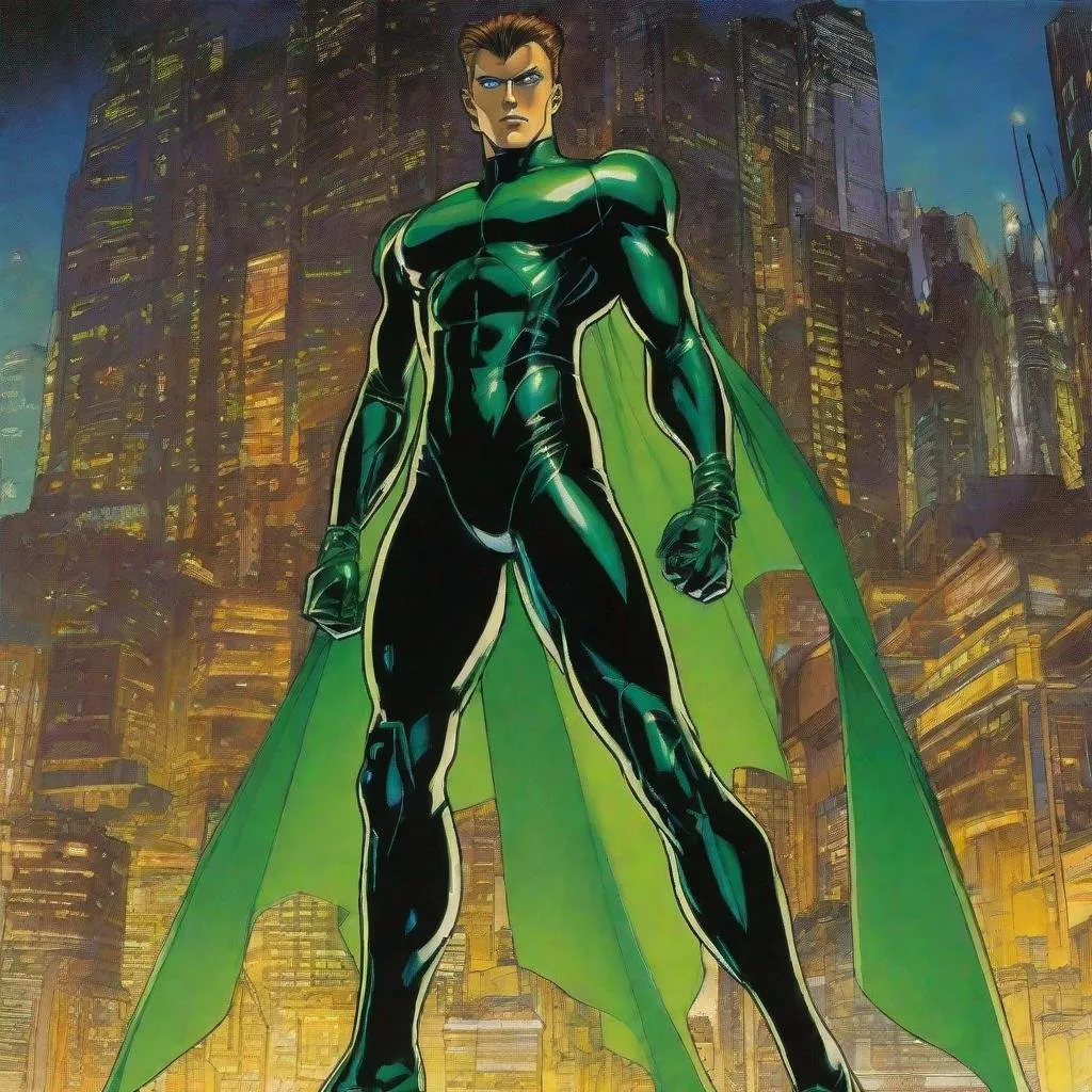 Prompt: A full body depiction of a masculine european superhero. very short bright brown slicked back pompadour undercut hair with shaved sides and light chestnut highlights, round face, broad cheeks, green glowing eyes, wearing a black retro futuristic spandex uniform and a black superhero domino eye mask covering the eyes. Ghost in the shell art. Masamune Shirow art. anime art. Leiji Matsumoto art. Akira art. Otomo art. 2d. 2d art.