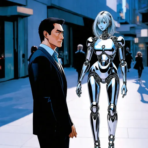 Prompt: a man gives a longing look to a beautiful female robot walking past him in the style of hajime sorayama