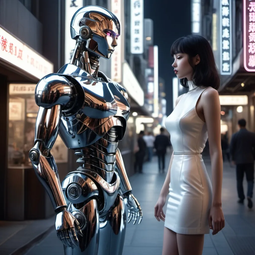 Prompt: a man gives a longing look to a beautiful female robot walking past him in the style of hajime sorayama