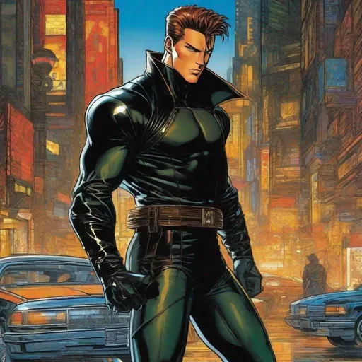 Prompt: A full body depiction of a masculine european superhero. very short bright brown slicked back pompadour undercut hair with shaved sides and light chestnut highlights, round face, broad cheeks, glowing eyes, wearing a black retro futuristic spandex uniform and a black superhero zorro eye mask covering the eyes. Ghost in the shell art. Masamune Shirow art. anime art. Leiji Matsumoto art. Akira art. Otomo art. 2d. 2d art.