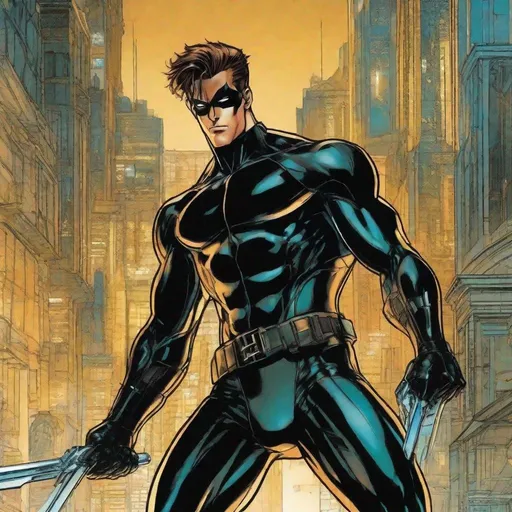Prompt: A full body depiction of a masculine european superhero. very short bright brown slicked back pompadour undercut hair with shaved sides and light chestnut highlights, round face, broad cheeks, glowing eyes, wearing a black retro futuristic spandex uniform and a black superhero nightwing eye mask covering the eyes. Ghost in the shell art. Masamune Shirow art. anime art. Leiji Matsumoto art. Akira art. Otomo art. 2d. 2d art.