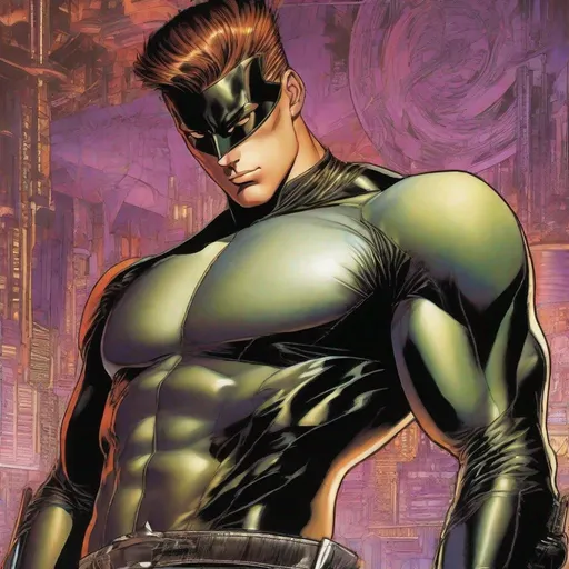 Prompt: A full body depiction of a masculine european superhero. very short bright brown slicked back pompadour undercut hair with shaved sides and light chestnut highlights, round face, broad cheeks, glowing eyes, wearing a black retro futuristic spandex uniform and a black superhero zorro eye mask covering the eyes. Ghost in the shell art. Masamune Shirow art. anime art. Leiji Matsumoto art. Akira art. Otomo art. 2d. 2d art.